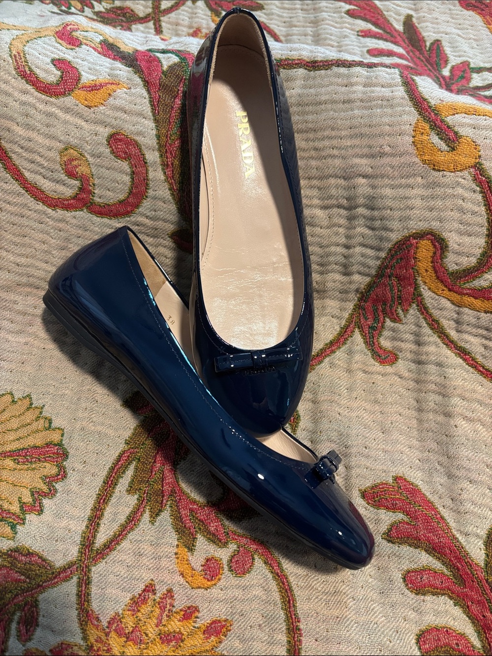 Prada Dark Navy Patent Leather Bow Ballet Flats